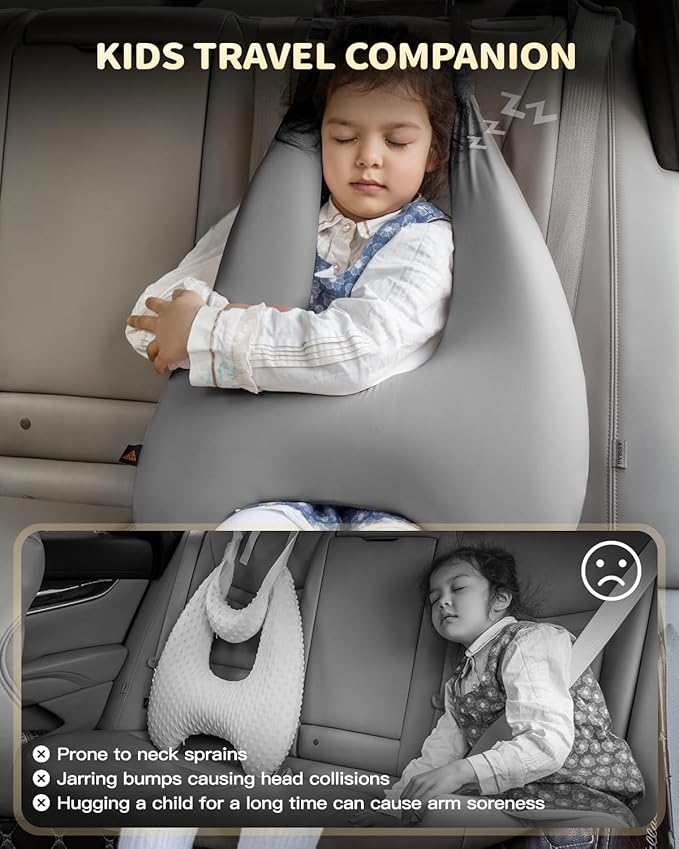 Memory Foam Kids Travel Pillow, Car Pillow for Kids, H-Shape Car Pillows for Sleeping, Removable Pillowcase, Adjustable, Porous Dots, Grey