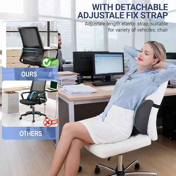 Lumbar Pillow with Adjustable Strap, Memory Foam Lumbar Support Pillow for Office Chair and Car Seat, Back Pillow for Lower Back, Back Support Pillow for Sitting, Driving, Traveling