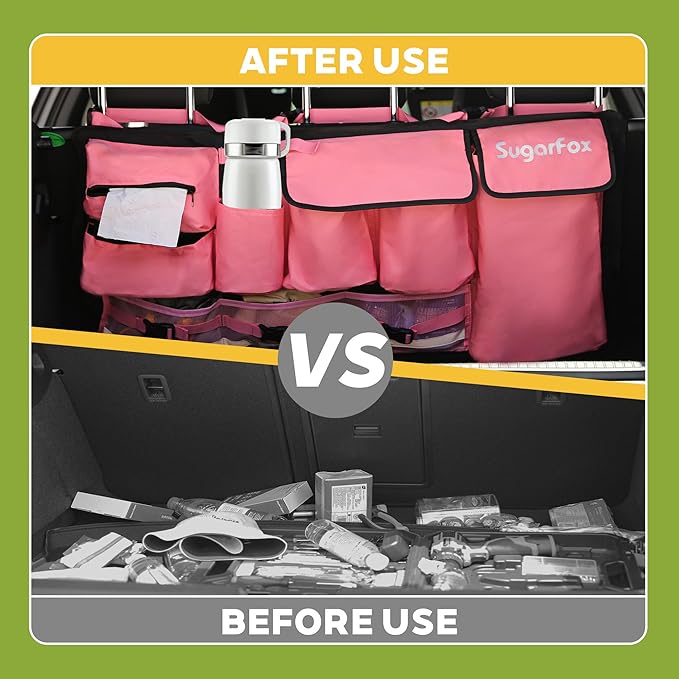Backseat Hanging Trunk Organizer for SUVs, Cars, Trucks & MPVs | Multi-Pocket Storage with Anti-Slip Straps | Space-Saving Auto Accessory | Gift for Men & Women | Pink, 37.8" x 18.1" - K230