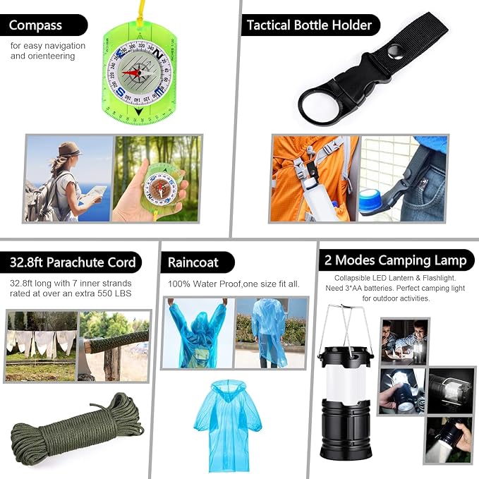 Emergency Survival Kit, 151 Pcs Survival Gear First Aid Kit, Outdoor Trauma Bag with Tactical Flashlight Knife Pliers Pen Blanket Bracelets Compass for Camping Earthquake or Adventures