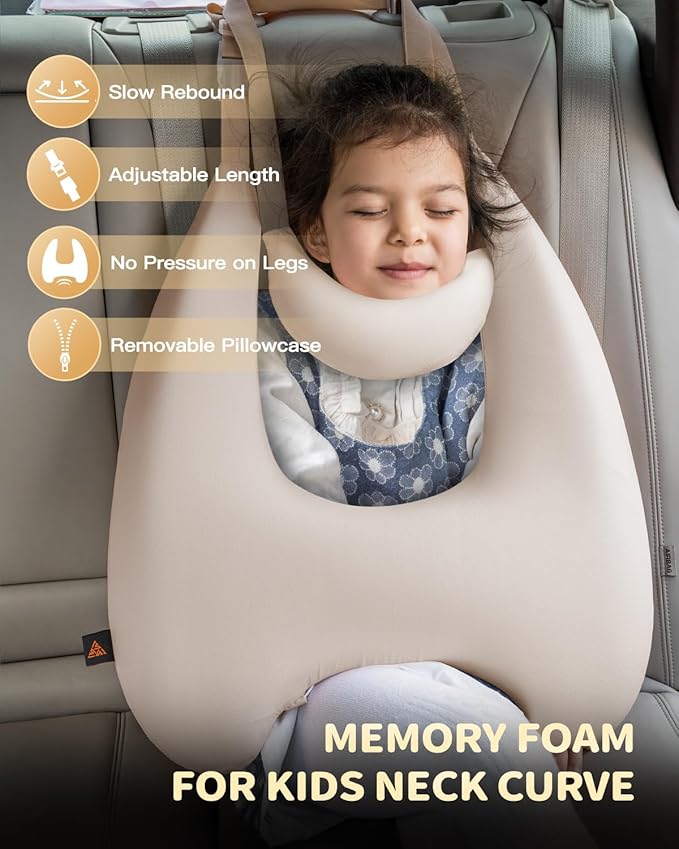 Memory Foam Kids Travel Pillow, Car Pillow for Kids, H-Shape Car Pillows for Sleeping, Removable Pillowcase, Adjustable, Porous Dots, Beige