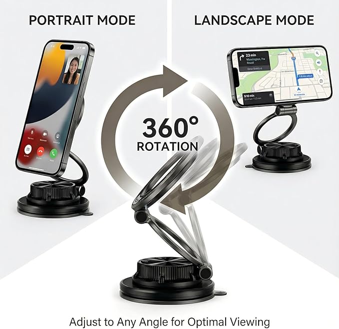 Vacuum Magnetic Car Phone Mount, 120+LB N55 Magnet (3000gf) Dashboard & Windshield Holder with Ultra-Stable Suction Cup, Foldable 0.83in Compact Car Mount for iPhone Samsung –Black