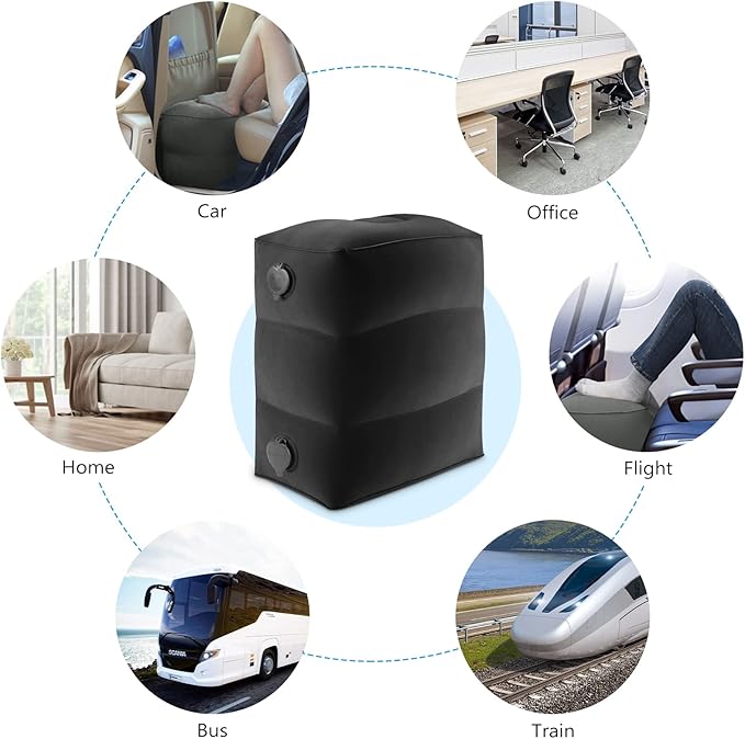 Maliton Inflatable Travel Foot Rest Pillow, Toddler Airplane Bed, Car Seat Foot Rest for Kids, Adjustable Height Leg Rest Pillow for Airplane, Home, Office(Black, 1 Pack)