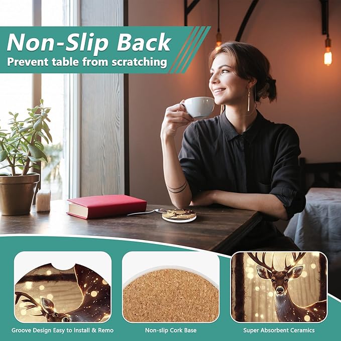 2 Pack Car Cup Holder Coasters - Forest Deer Absorbent Ceramic Coaster, Wild Life Car Coasters for Cup Holders, Car Interior Accessories for Women Men