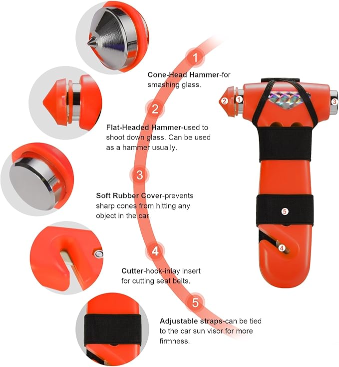 THINKWORK Car Safety Hammer, 3-in-1 Emergency Escape Tool with One Second Window Breaker and Seat Belt Cutter, Safety Emergency Car Escape Tool for Car, Office, Home, Orange