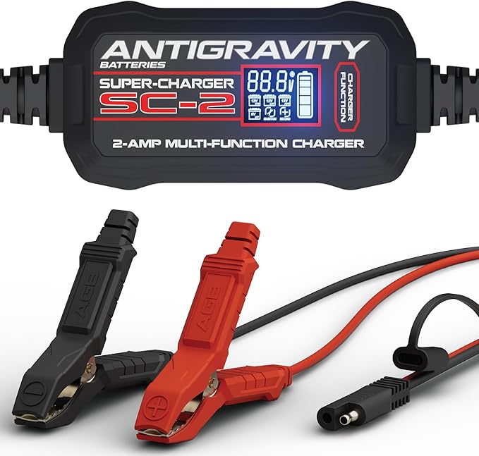 Antigravity Super-Charger – 2-Amp 6V/12V Multi-Function Battery Charger & Maintainer for Lithium (LiFePO4) and Lead/Acid Batteries, LCD Display, Auto Winter Mode, Recondition Feature