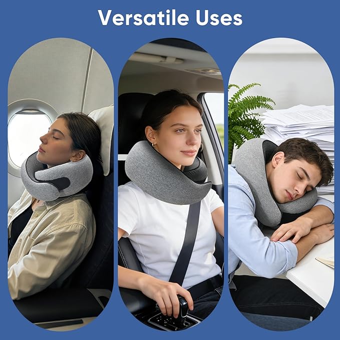 Travel Neck Pillow for Airplanes - 100% Memory Foam, 360° Head Support, Breathable & Removable and Washable, Compact for Travel, Car & Flights - Grey