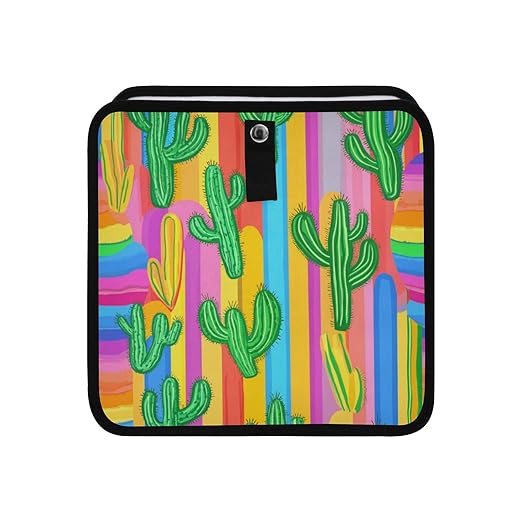 Rainbow Color Stripes and Cactus Car Trash Can Foldable Hanging Waterproof Small Automotive Garbage Cans Trash Bin Storage Bag Car Dustbin Organizer Accessories Small 8.66x8.66x5.9