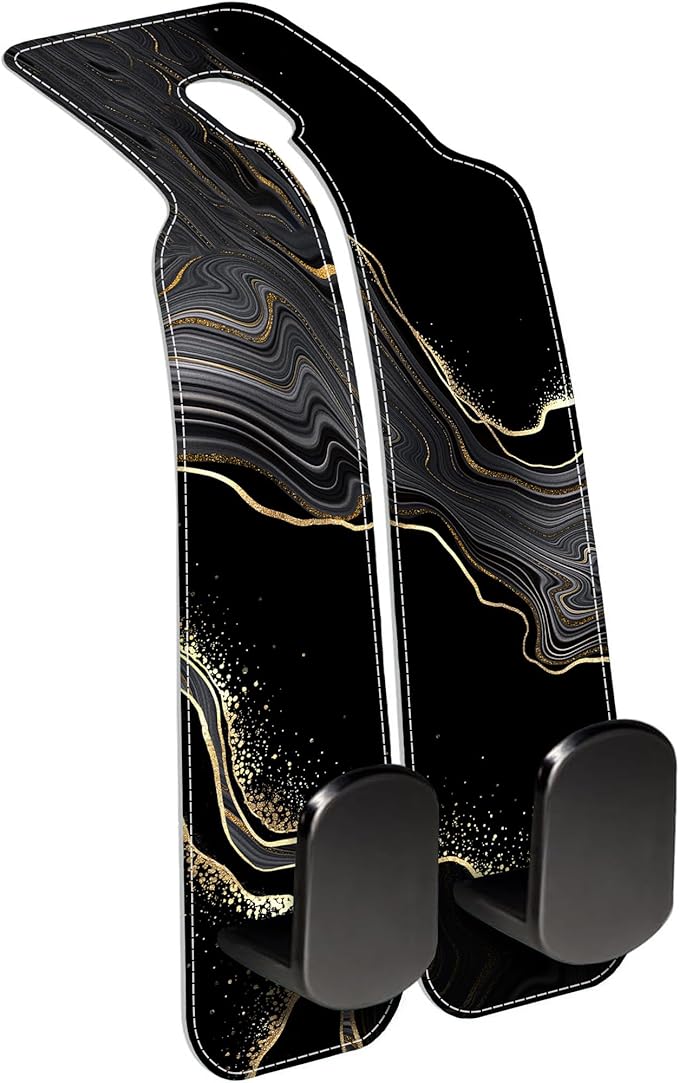 1 Pack Car Seat Headrest Hooks for Purses Abstract Black Golden Marble Bag Purse Holder for Car with Double Metal Hooks Car Purse Hanger Hanging Accessories