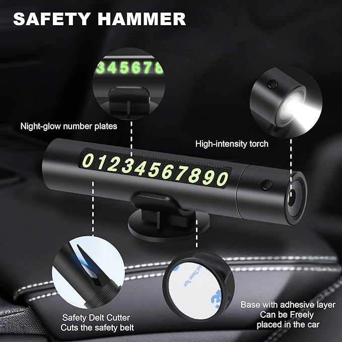 Upgraded 2026 Safe Hammer Glass Breaker Flashlight Car Parking Card, Car Hammer Seatbelt Cutter Window Breaker Emergency Escape Tool Glass Breaker Emergency Seat Belt Cutter (2 Pack (Black & White))
