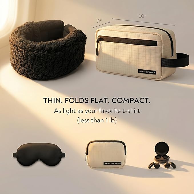 Slim Travel Neck Pillow for Long Flights, 360° Memory Foam Support Travel Neck Pillow with Premium Airplane Comfort Essentials 5pc Set, Best for Sleeping on Airplanes, Cars, Trains | Compact Bag