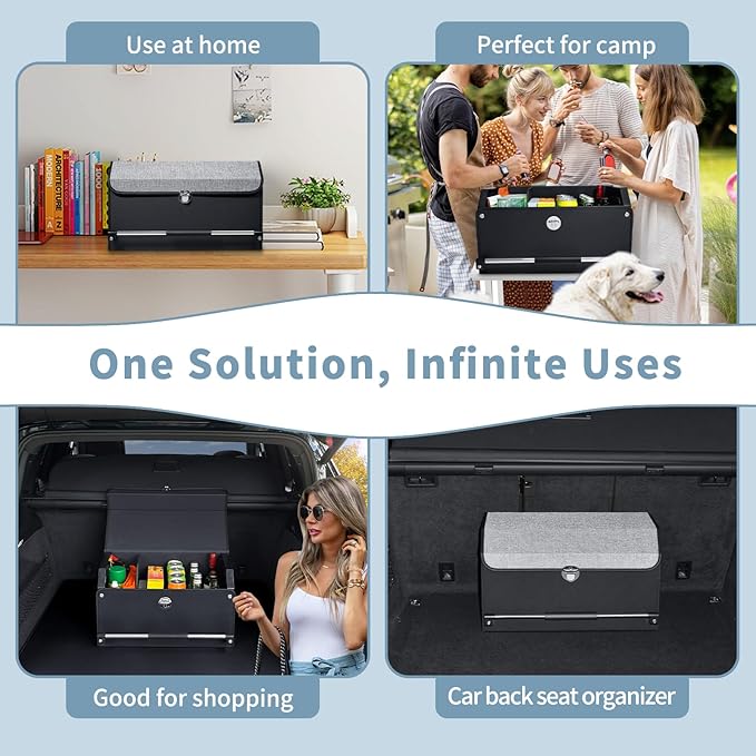 Car Trunk Organizer, Leather Trunk Organizer with Push-pull Handle and Lid Car Trunk Storage Organizer for SUV, Minivan, Truck (Grey, 20.47 x 11.42 x 12.2in)