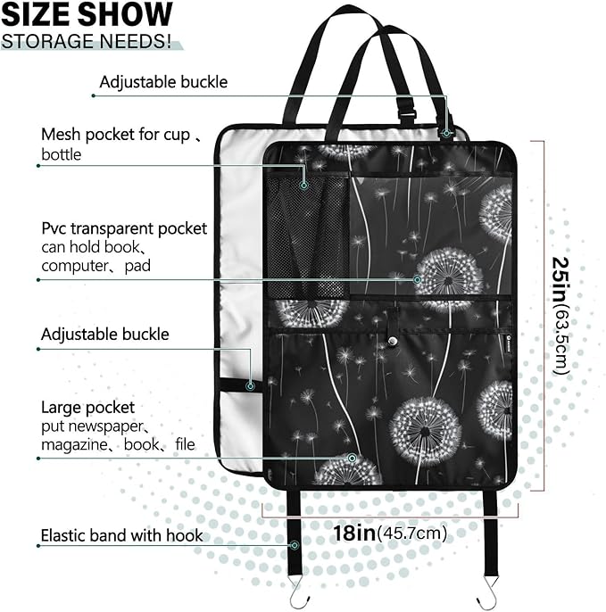 Black Dandelion 1 Pack Backseat Car Organizer with Storage Pockets Seat Back Organizers for Kids Kick Mats Backseat Protector Automotive