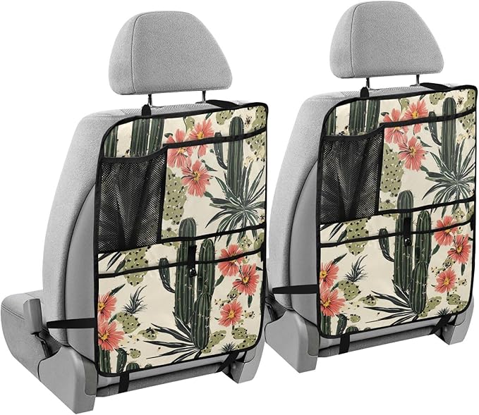 Retro Cactus Polynesia Flower 1 Pack Backseat Car Organizer with Storage Pockets Seat Back Organizers for Kids Kick Mats Backseat Protector Automotive