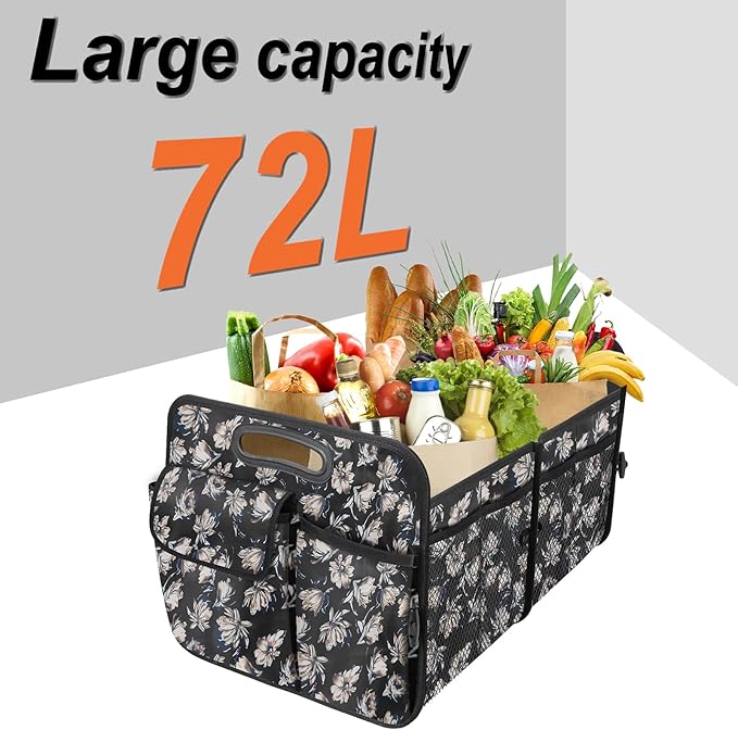 Trunk Organizer, Collapsible Trunk Organizers and Storage, Car Accessories for Women and Men, Multi-Compartment Trunk Storage Organizer for SUV, Car, Mini-Van - Floral