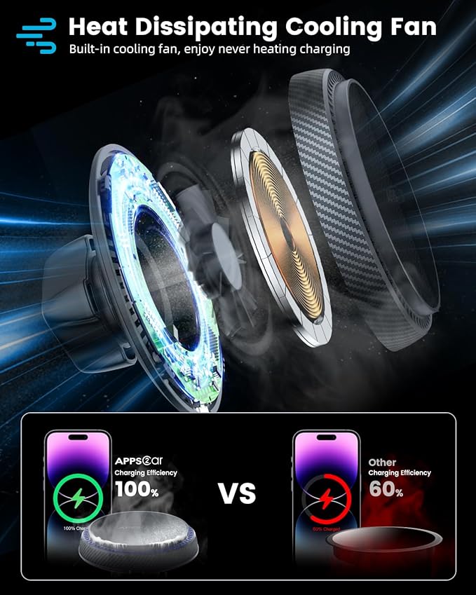 APPS2Car for Magsafe Car Mount Charger Tri-Pivot Magnetic Wireless Cup Holder Phone Mount for Car Truck with Cooling Fan Fast Charging for iPhone 17 16 15 14 13 12 Series [with Car Adapter]