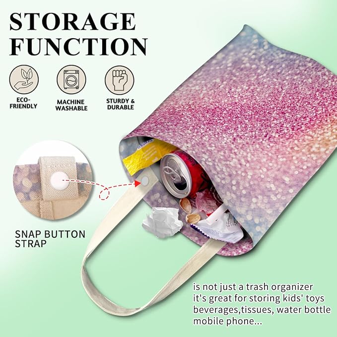 Car Trash Can, Cute Car Trash Bag, Hanging Car Organizer and Storage Bag, Trash Bin for Car Accessories, Vehicle, Travelling, Camping Rainbow Glitter Pattern