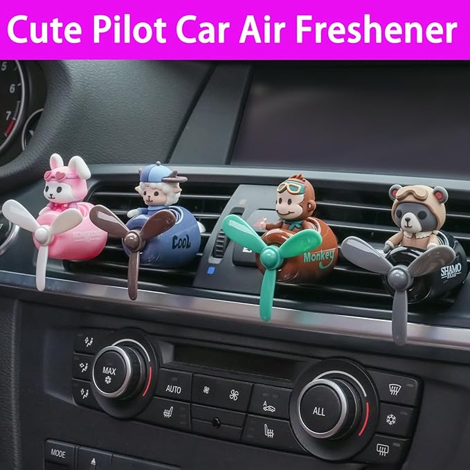 2Pcs Pilot Car Air Fresheners, Cute Rabbit Car Vent Clip Air Freshener with 8 Fragrant Tablets Automotive Air Outlet Fan Diffuser, Automotive Interiors Vent Decoration (Monkey+Rabbit)