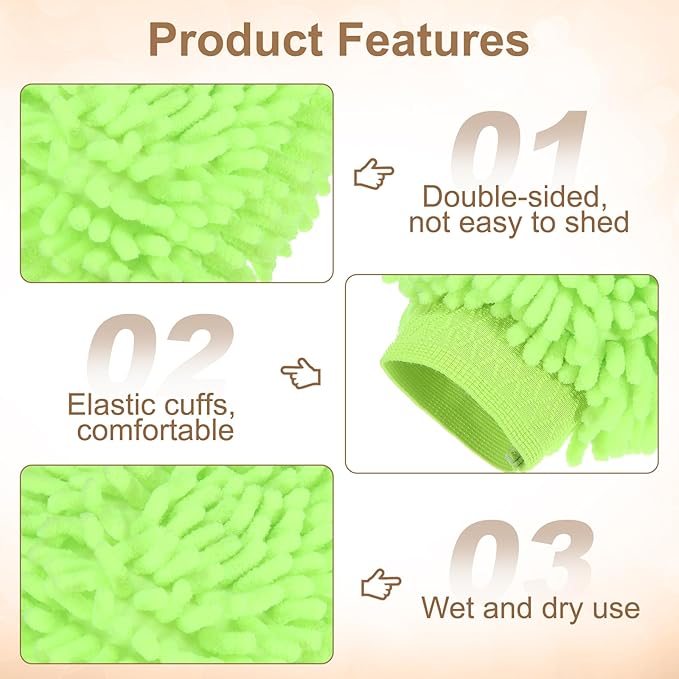 HARFINGTON 2pcs Premium Chenille Microfiber Car Wash Mitts 9.8" x 7.9" Scratch Free Wash Gloves Absorbent Double Sided Plush Cleaning Drying Mitts for Car Washing Home Light Green