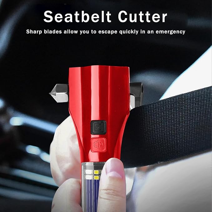Car Glass Breaker Hammer with Flashlight, Multi-Function Rechargeable Emergency Escape tools with Window Breaker and Seatbelt Cutters,Bright Solar Torch， RescueAlarm Rescue, Strobe SOS Beacon