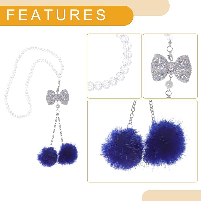 1 Pcs Artificial Crystal Bow,Mink Hair Car Rear View Mirror Pendant Accessories Car Hanging Ornament Blue