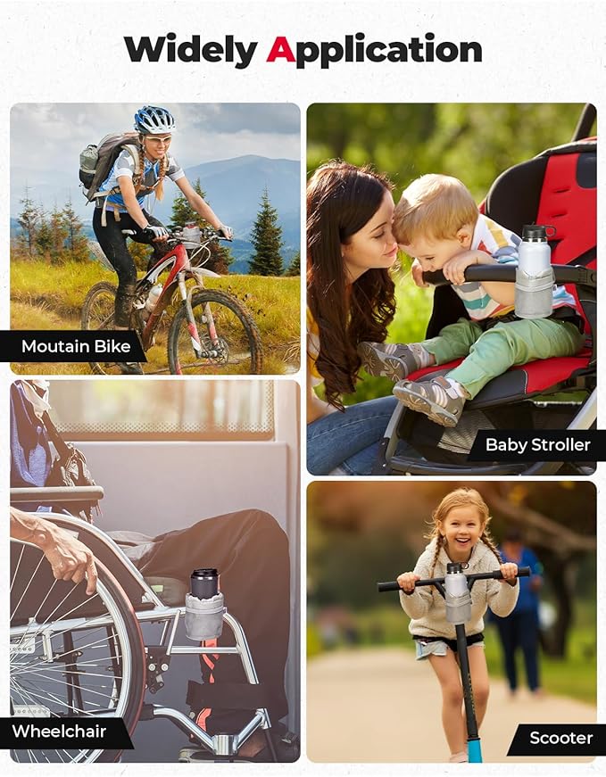 KEMIMOTO Bicycle Cup Holder with Mesh Pockets Phone Bag, Compatible with Road Bike MTB E-Bike Scooter Wheelchair (Gray)