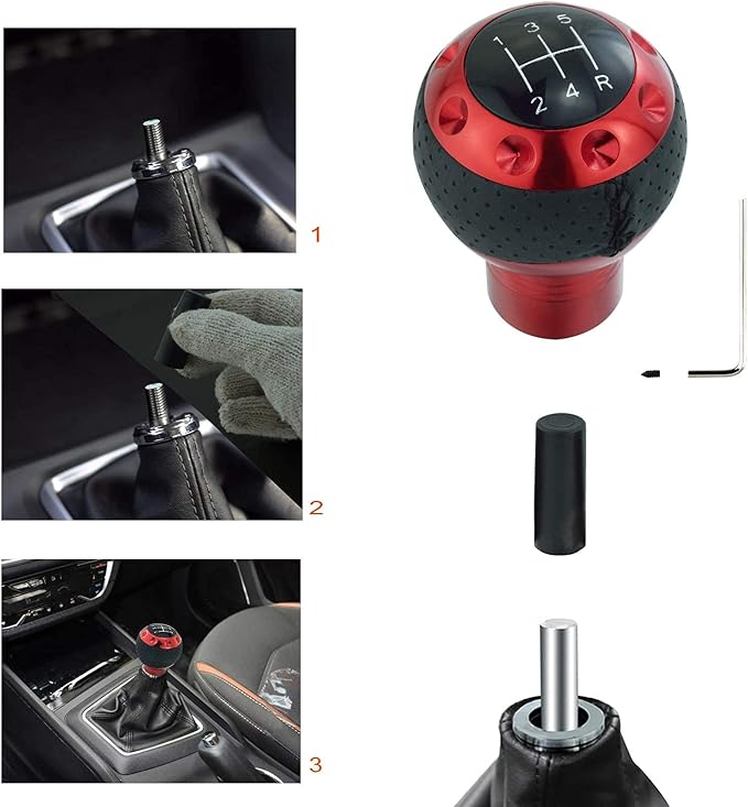 Lunsom 5 Speed Leather Shift Knob, Manual Transmission Handle Ball Gear Stick Shifter Head Fit Most Transmission Vehicle (Red&Black)