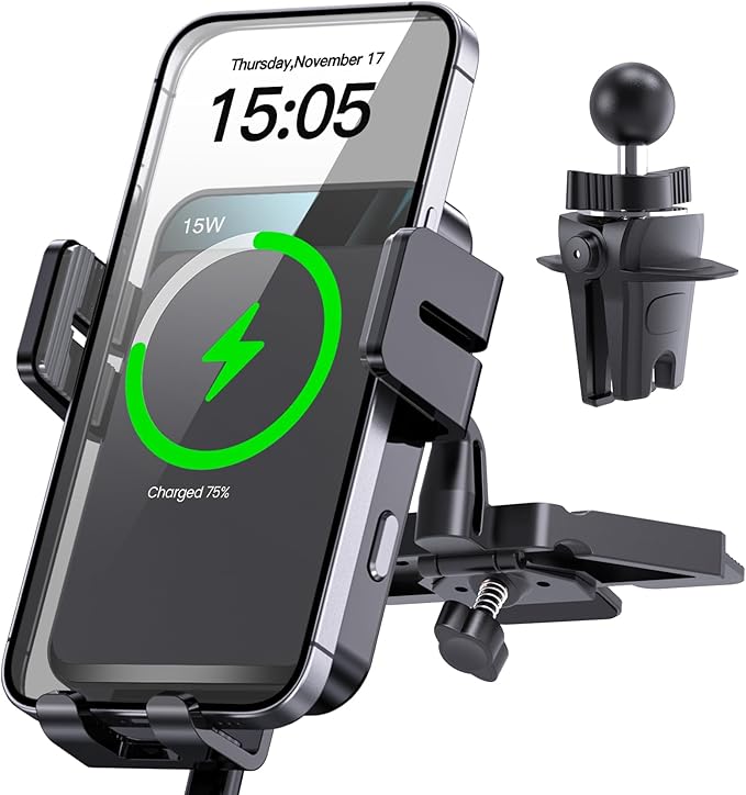 Wireless Car Charger, MOKPR Auto-Clamping Car Mount 15W/10W/7.5W Fast Charging CD Slot Air Vent Car Phone Mount Fit for iPhone 16 15/14/13/13 Pro/12 Pro Max/12 pro/12/11 Series, Samsung Galaxy Series