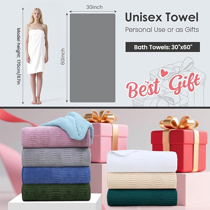 JML Bath Towels Set, Large Microfiber Body Towel for Adult, 2 Pack, 30" x 60", Oversized, Soft, Super Absorbent, Fast Drying, Use for Sport, Fitness, Yoga, Fleece Diamond Cross Grid White