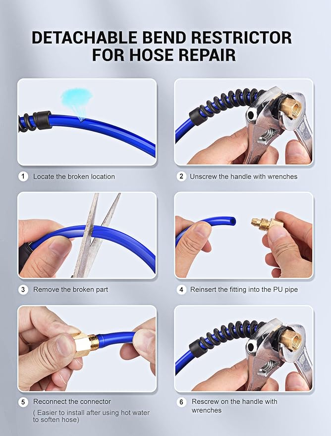 1/4 In x 28 Ft Polyurethane Recoil Air Compressor Hose, Upgraded Air Hose with Repairable Bend Restrictor, Air Hose kit w/ 360° Swivel 1/4" NPT Coupler & Brass Quick Connect Air Fittings