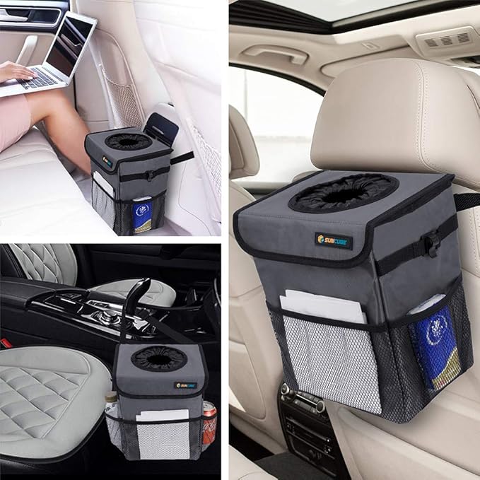 SUN CUBE Waterproof Car Trash Can with Lid, Mesh Pockets | Leakproof Car Garbage Can Hanging | Auto Trash Bin, Garbage Bag Organizer for Headrest, Console, Truck (Dark Gray)