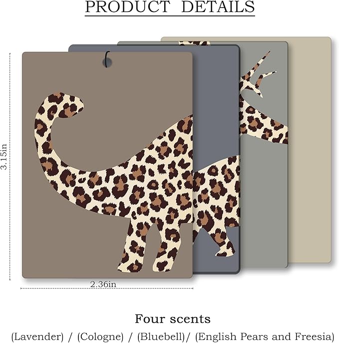 Leopard Dinosaur Car Air Freshener 4 Pcs, Retro Cheetah Print Dinosaur Hanging Scents Air Freshener for Boys Kids Gifts, Neutral Leopard Scented Car Accessories Decor for Boys Room Nursery