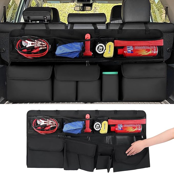 Car Trunk Organizer, Upgraded Version Expand Space Hanging Trunk Organizer with Adjustable Straps, Collapsible Waterproof Cargo Storage, Sturdy Space Saver Frees Trunk Floor for SUV, Truck