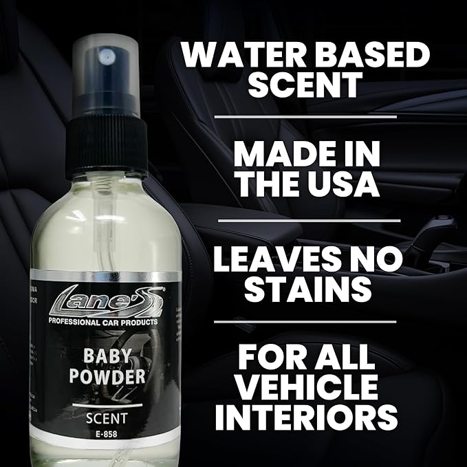 LANE’S Premium Car Air Freshener "Baby Powder" - 4oz Water-Based, Long-Lasting Auto Scent Spray - Food, Pet, Odor Smell Deodorizer for Cars, Trucks, SUVs' Interior Leather, Carpet, Upholstery