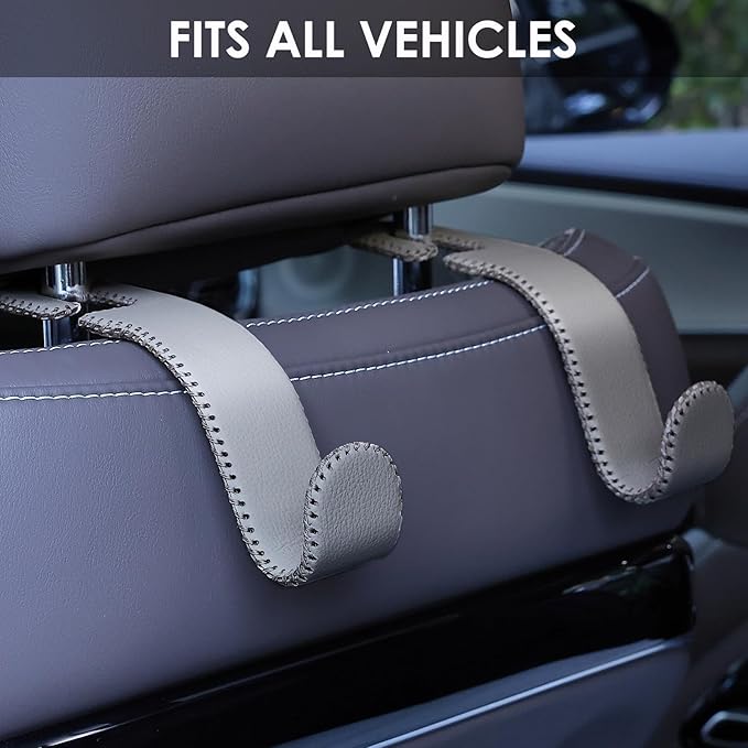 Leather Car Seat Hooks - U-Shaped Purse Holder for Car, Fully Leather-Wrapped Headrest Hooks for Purses, Bags & Coats, Durable Seat Back Organizer for Travel & Daily Use (Gray, 2 Pack)