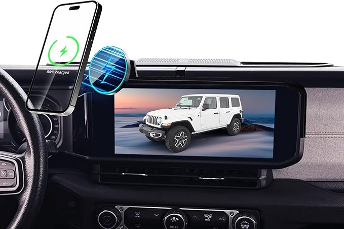 Phone Holder for Jeep Wrangler JL JLU/Gladiator JT 2024 2025 Accessories 12.3-Inch Screen Fixed Clip, Car Magnetic Phone Mount for Magsafe, Magnets Fast Wireless Charger Cell Phone Base(Not for 4XE)