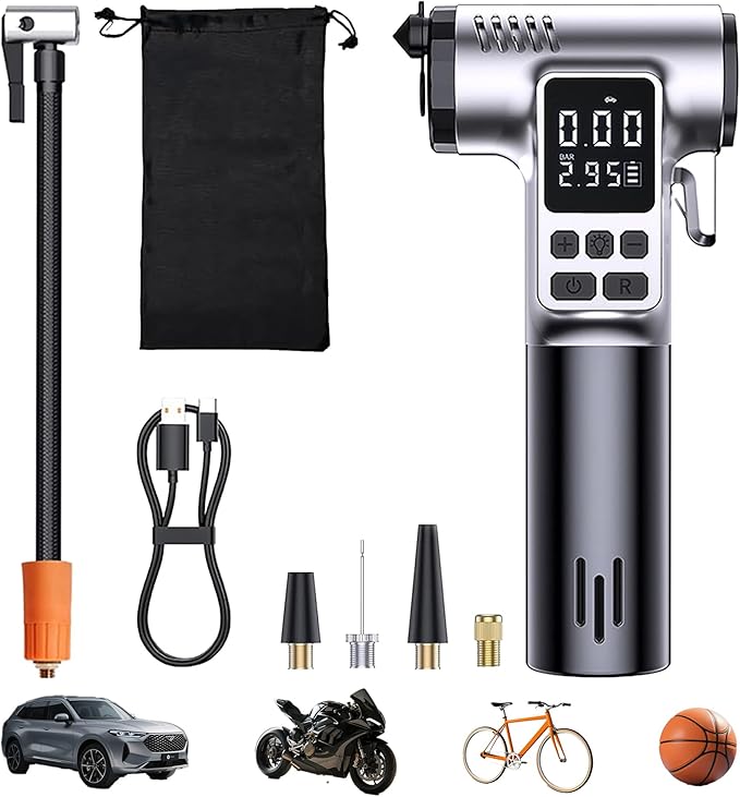 Tire Inflator Portable Air Compressor, 150PSI Pump with Digital Pressure Gauge & Auto Shut-Off for Car/Bike/Motorcycle Tires&Ball, with LED Light, Safety Hammer & Seatbelt Cutter Function