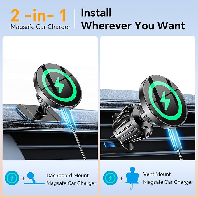 Kaistyle for MagSafe Car Mount Charger【Stronger Magnets】iPhone Magnetic Wireless Car Charger【Dashboard+Vent】 for Magsafe Charger Cell Phone Car Mount for iPhone 17 Pro Max 16 15 14 13 12 MagSafe Cases