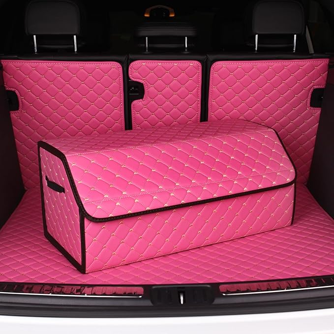 car organizers and storage for SUV,trunk organizer for sedan, leather foldable sleek box with lid,collapsible cargo bins, tool accessories containers,Pink women (21.65 inch)