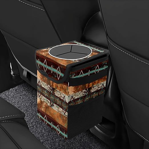 Teal Western Cow Print Car Trash Can with Lid Collapsible Reusable Waterproof Car Garage Bag,Automotive Garbage Can,Car Accessories Interior Car Organizer