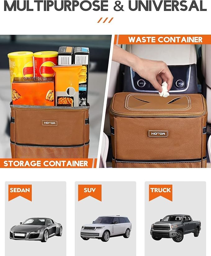 HOTOR 3 Gallons Car Trash Can, Ultra Large Capacity Organizer and Storage with Adjustable Straps & Magnetic Snaps, Waterproof Car Accessory for Interior Car Stuff Storage, Brown