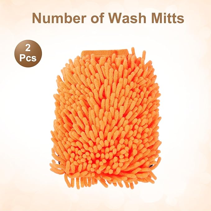 HARFINGTON 2pcs Chenille Microfiber Car Wash Mitts 9.8" x 7.9" Scratch Free Wash Gloves Absorbent Double Sided Plush Cleaning Drying Mitts for Car Washing Home Clean, Orange
