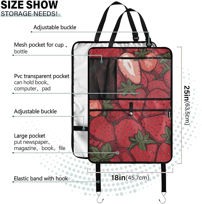 1 Pack Back Seat Car Organizer with Storage Pockets Kick Mats Back Seat Protector Hanging Car Organizer Automotive Seat Back Cover Organizers Cartoon Red Strawberry