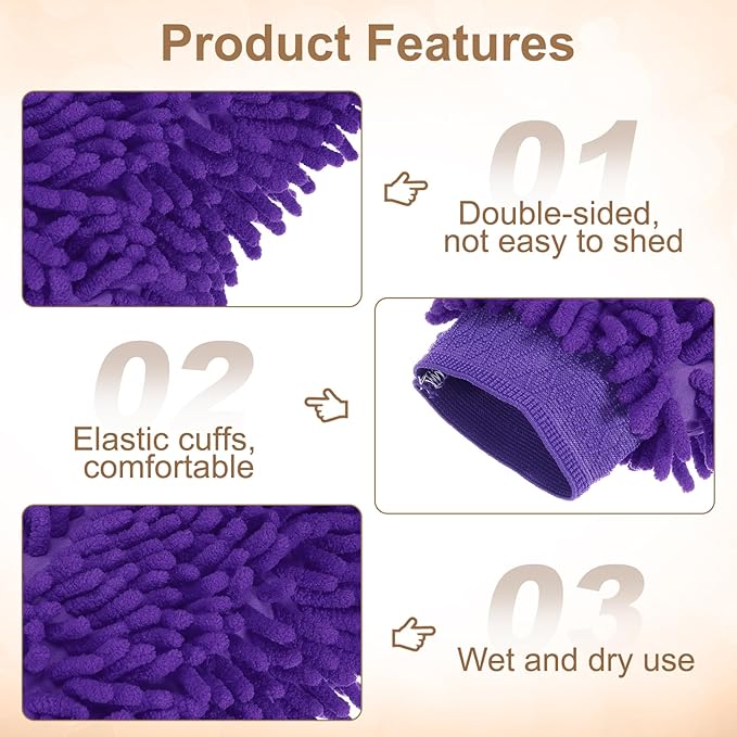 HARFINGTON Chenille Microfiber Car Wash Mitts 9.8" x 7.9" Scratch Free Wash Gloves Absorbent Double Sided Plush Cleaning Drying Mitts for Car Washing Home Purple