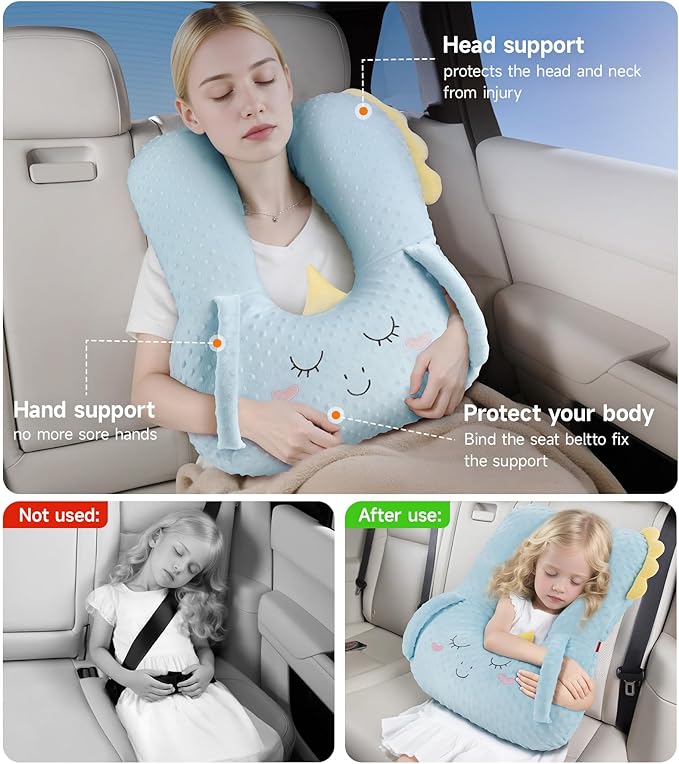 BEBAS U-Shaped Kids Travel Pillow for Car, Road Trip Essentials, Soft Neck Support for Long Trips, Adjustable Strap for Car Seats Airplane, Great Gift Idea (Blue Unicorn)