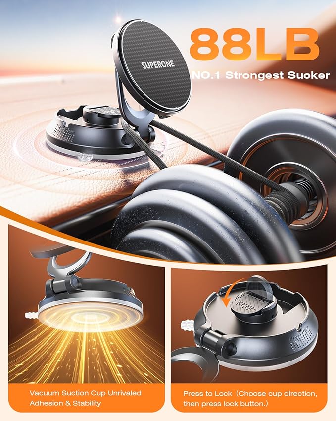 SUPERONE for MagSafe Car Mount Charger, 15W Magnetic Wireless Car Charger with Suction Cup, [Windshield+Dash] 360° Vacuum Phone Holders for Your Car for iPhone 17 16 15 14 13 12 Samsung with MagSafe