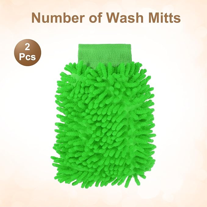 HARFINGTON 2pcs Premium Chenille Microfiber Car Wash Mitts 9.8" x 7.9" Scratch Free Wash Gloves Absorbent Double Sided Plush Cleaning Drying Mitts for Car Washing Home Green