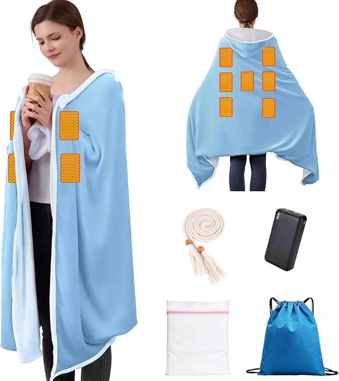 Wearable Heated Blanket with 20000mAh Power Bank, 11 Heating Zones, 3 Heat Levels, Timer, USB Powered, Machine Washable, for Camping, Office, Travel, Home Use (Snowy Blue)