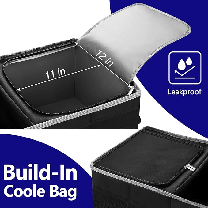 Trunk Organizer With Built-In Insulated Leak Proof Cooler Bag,Collapsible Cargo Organizer For Suv With Non Slip Bottom Strips,3 Large Compartments Foldable Waterproof Portable Car Storage Box