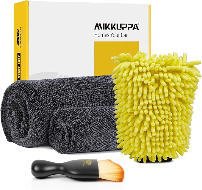 MIKKUPPA Microfiber Towels for Cars - 2-Pack 36"x24" & 16"x16" Extra Large Car Drying Towel with Twisting Yarn Technique, Ultra Absorbent Scratch-Free Car Wash Towels with Detailing Brush & Wash Mitt